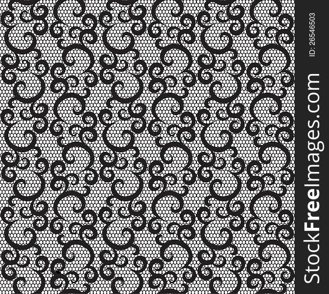 Black lace with swirls on white background. seamless pattern.