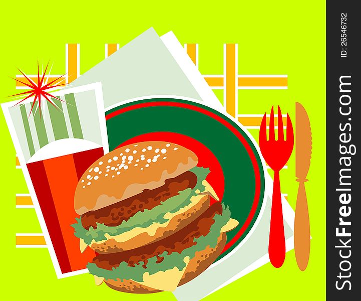 Decorative image of a great burger, a glass of juice and cutlery