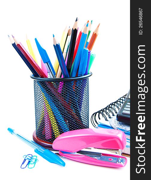 Assortment of school supplies on a white background