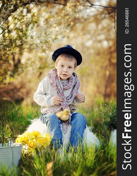 Boy sitting outdoors in a hat with ducks and chickens. Boy sitting outdoors in a hat with ducks and chickens