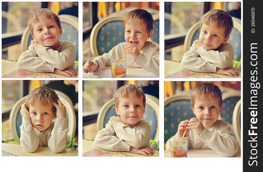 Collage - emotional boy sits at a table in a cafe and drinking juice. Collage - emotional boy sits at a table in a cafe and drinking juice