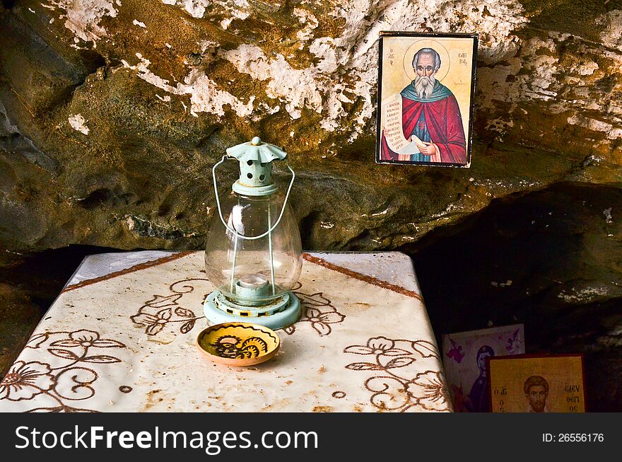 An altar in cave near the water. Greece. Thassos. An altar in cave near the water. Greece. Thassos