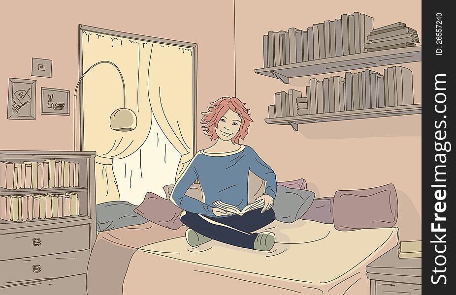 Red hair young girl reads a book sitting in her bedroom. Red hair young girl reads a book sitting in her bedroom