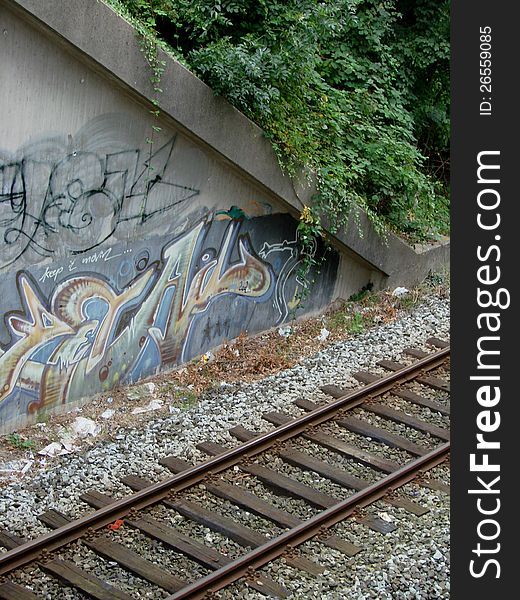 Railway sidings and graffity lettering