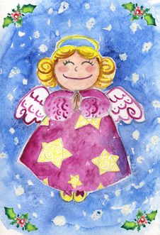 Cute Christmas Angel Watercolor Stock Image
