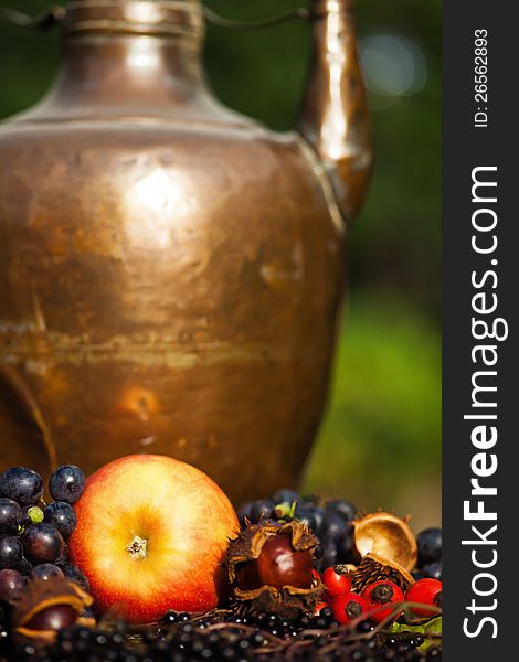 A red apple and other autumnal fruits in front of a copper pot