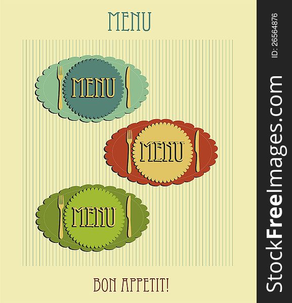 Retro menu decoration - word menu in a small circle - plate with a fork and a knife