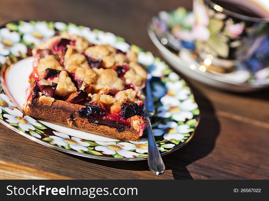 Coffee table with plum cake and coffee. Coffee table with plum cake and coffee