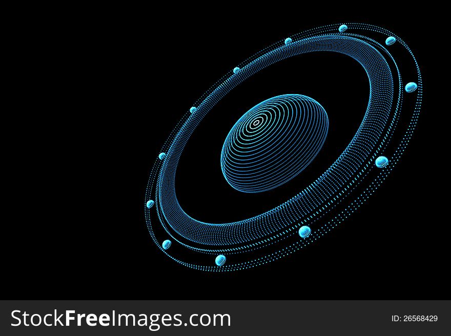 3D abstract speaker from blue dots on black background. 3D abstract speaker from blue dots on black background