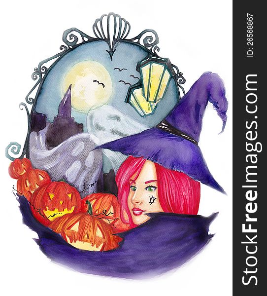 An illustration of an Halloween witch, done by watercolor. An illustration of an Halloween witch, done by watercolor