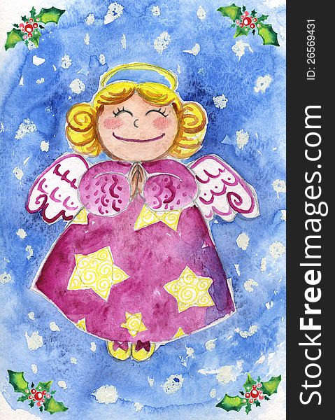 Cute Christmas angel flying in a snowy sky. Traditional hand painted watercolor. Cute Christmas angel flying in a snowy sky. Traditional hand painted watercolor.