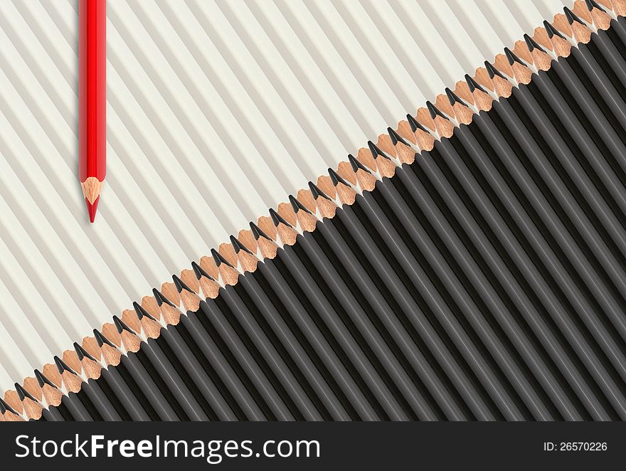 Pencils background. One red pencil lying on set of black and white pencils