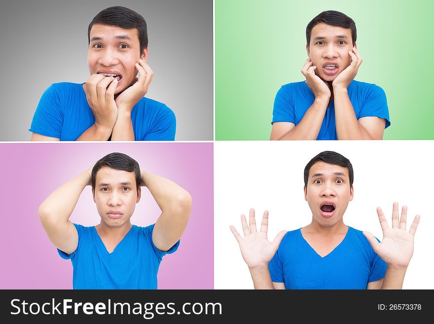 Asian Man Face Expressions Collage With Colorful Background