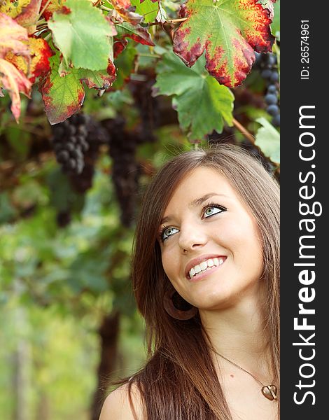 Smiling and beautiful girl portrait . Autumn grape leaves in a vineyard. Smiling and beautiful girl portrait . Autumn grape leaves in a vineyard