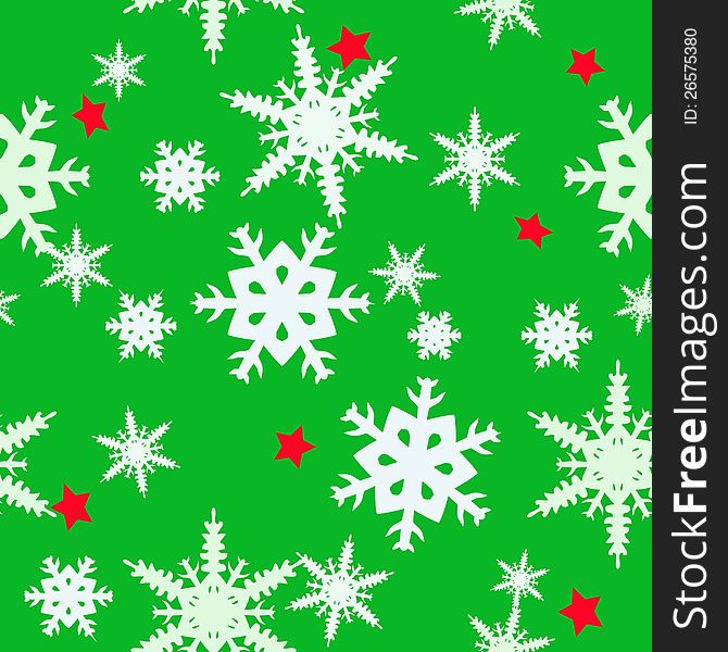 Christmas abstract green background with different blue snowflakes and red stars