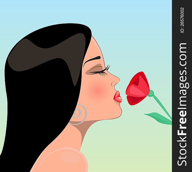 Beautiful woman is smelling a red flower. Beautiful woman is smelling a red flower