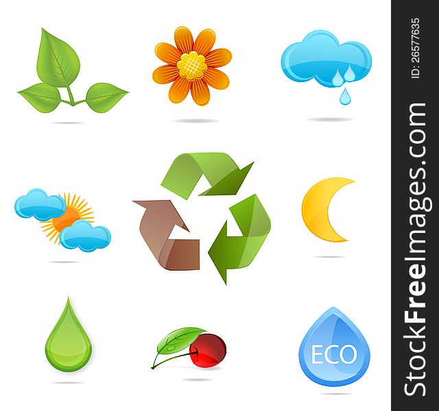 Glass green nature ecological symbols set isolated