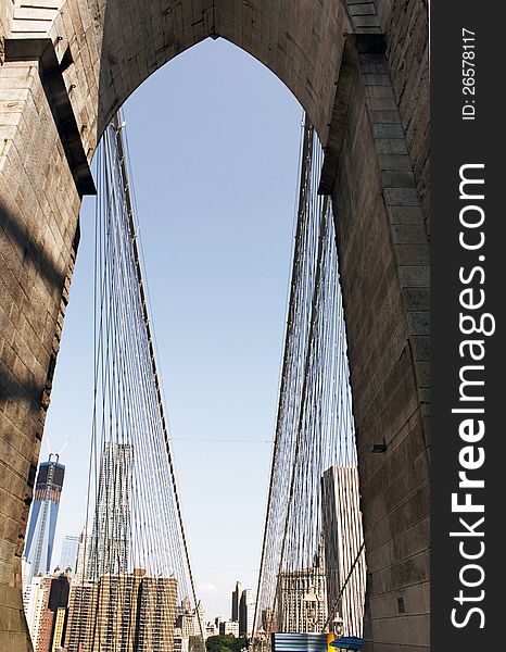 A View of Downtown Manhatten seen from the Brooklyn Bridge. A View of Downtown Manhatten seen from the Brooklyn Bridge