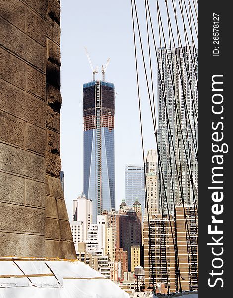 A View of The Freedom Tower in the making seen from the Brooklyn Bridge. A View of The Freedom Tower in the making seen from the Brooklyn Bridge