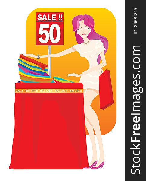 Cute lady with shopping bag shopping and stanf in front 50% sale item. Cute lady with shopping bag shopping and stanf in front 50% sale item
