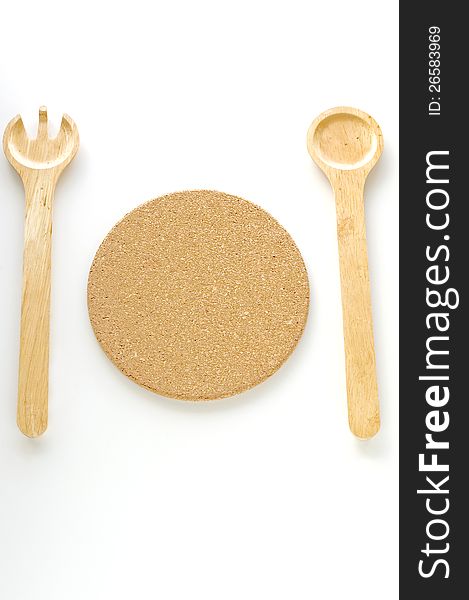 Simply symbol for meal, wooden fork and spoon. Simply symbol for meal, wooden fork and spoon