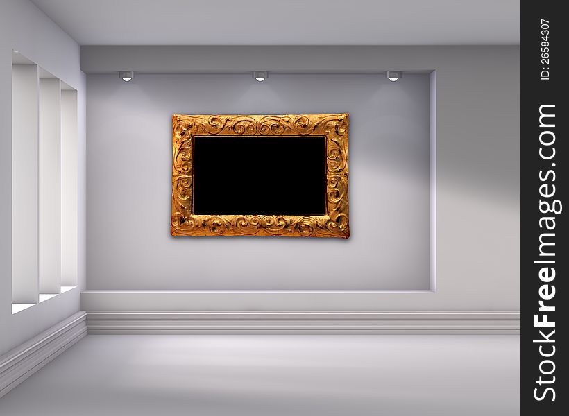 3d empty niche with spotlights and picture frame for exhibit in the bright interior