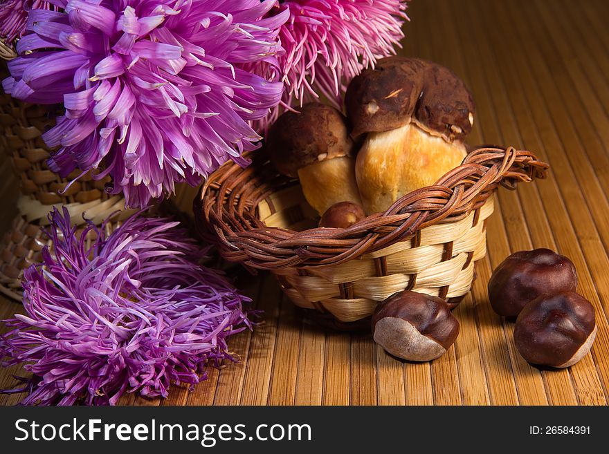 Bouquet of autumn flowers and mushrooms. Bouquet of autumn flowers and mushrooms