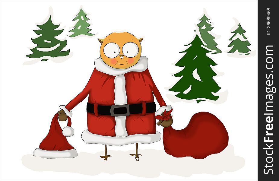 An illustration, worked in adobe photoshop, of santa claus with the bag and the hat in his hands