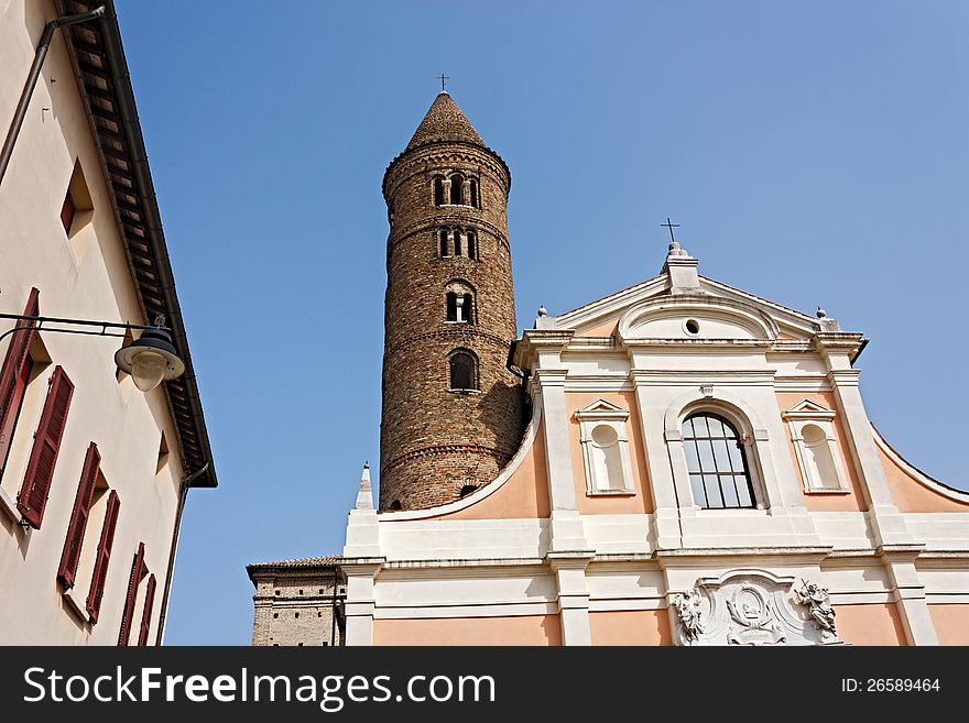 Antique catholic church with round bell tower in Ravenna, Italy. Antique catholic church with round bell tower in Ravenna, Italy