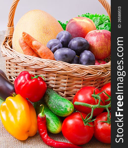 Fruits and vegetables in wattled basket. Fruits and vegetables in wattled basket