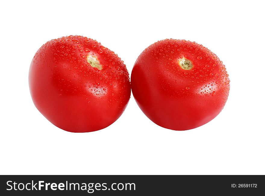 Two freshness red tomatoes on white background. Clipping path is included