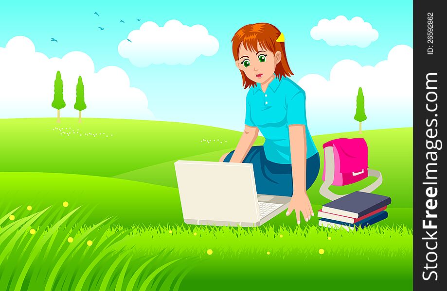 Cartoon illustration of a woman working on laptop on grass field. Cartoon illustration of a woman working on laptop on grass field