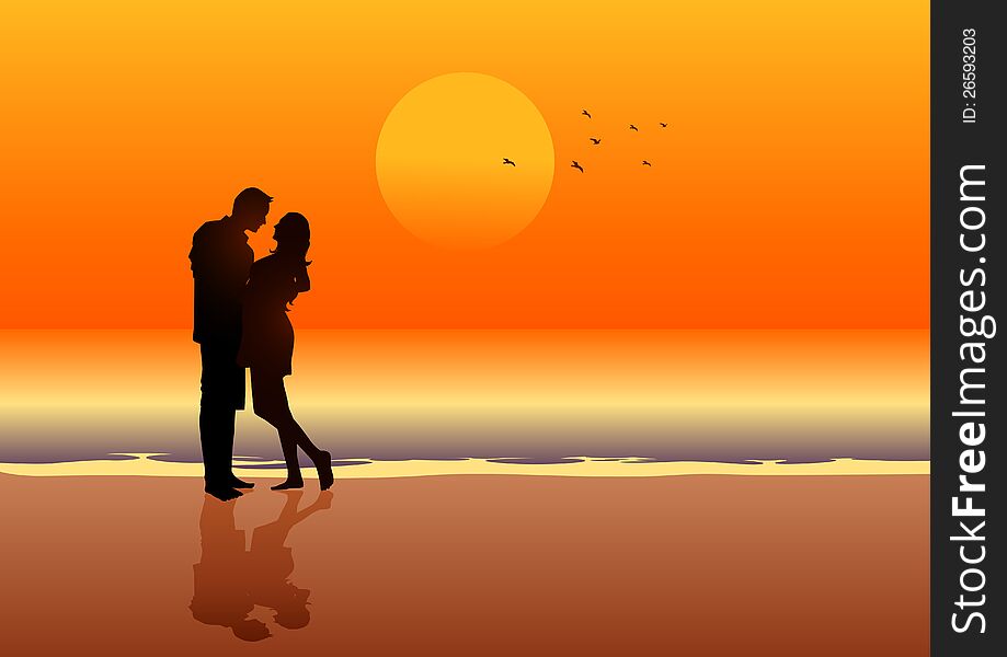 Silhouette illustration of a couple on the beach. Silhouette illustration of a couple on the beach