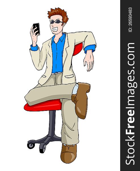 Cartoon illustration of a man holding a cellular phone. Cartoon illustration of a man holding a cellular phone