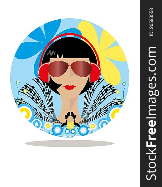 A lady listening music with illustration background. A lady listening music with illustration background.