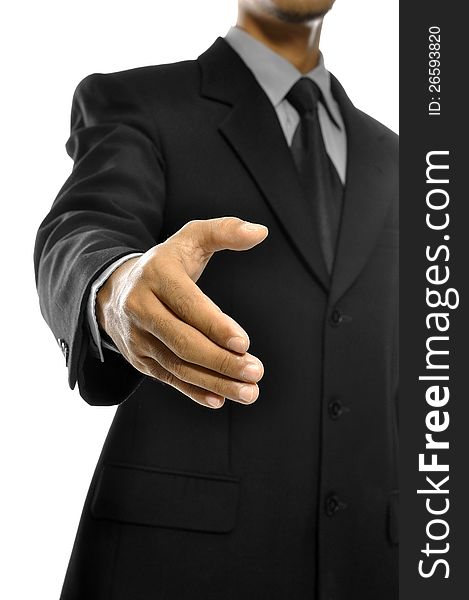 Business man extending hand want to shake isolated over white background. Business man extending hand want to shake isolated over white background