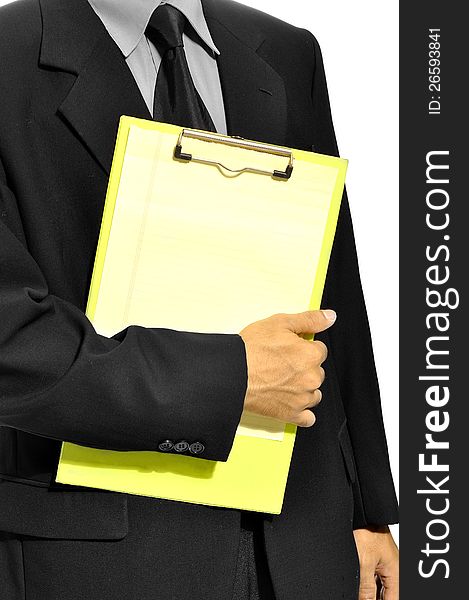 Business man holding clipboard isolated over white background. You can put your message on the paper