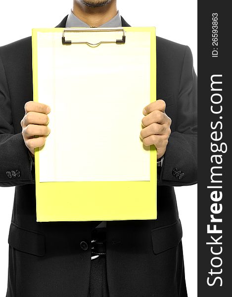 Business man holding clipboard isolated over white background. You can put your message on the paper