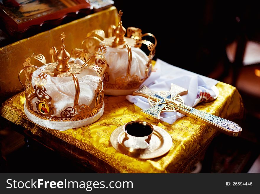 Two crowns the weddings intended for ceremony in orthodox church. Two crowns the weddings intended for ceremony in orthodox church