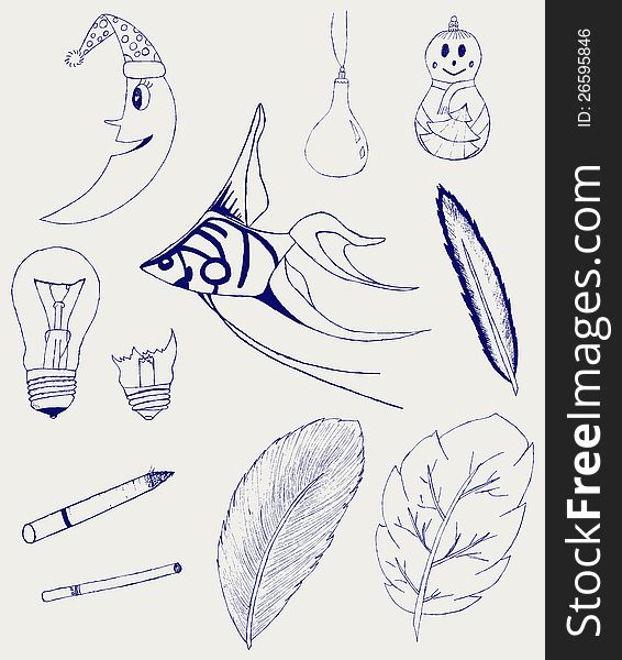 Set of Hand-Drawn Design Elements, Shapes, lightbulb, crescent, cigarette, fish, foliage, christmas toy. Doodle style