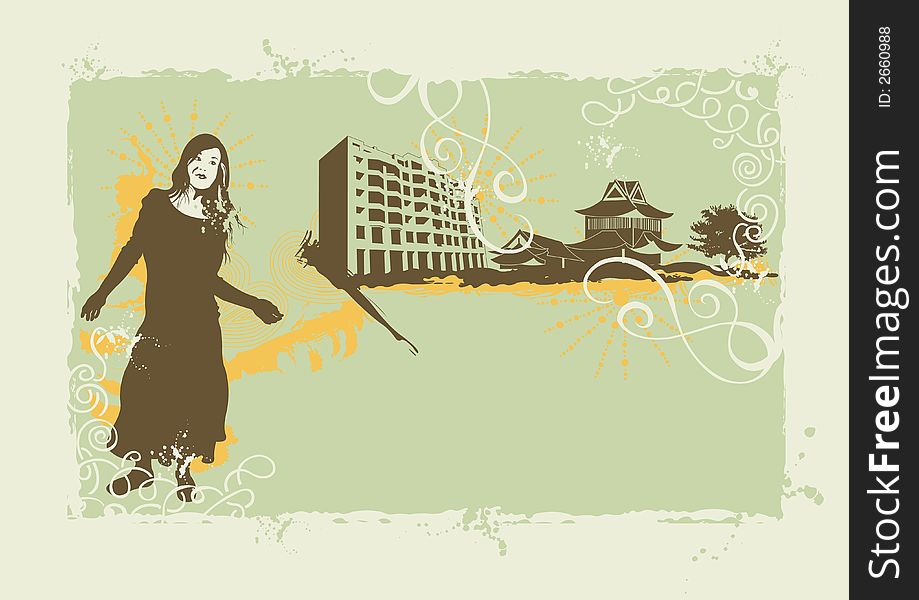Illustration of a woman and urban buildings. Illustration of a woman and urban buildings