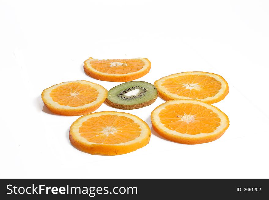 Orange on white background whit kiwi. Orange on white background whit kiwi