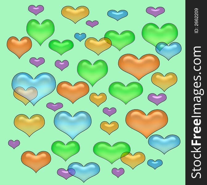 Colorful pastel opaque hearts scattered on   green background. Colorful pastel opaque hearts scattered on   green background