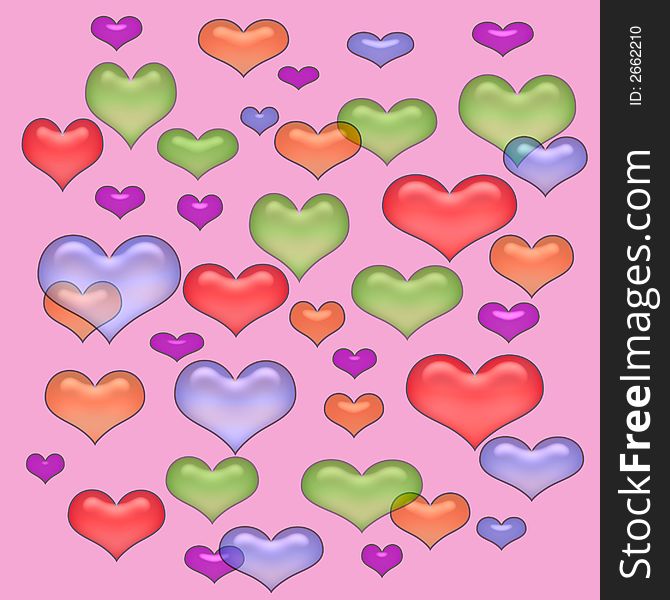 Colorful pastel opaque hearts scattered on pink background. Colorful pastel opaque hearts scattered on pink background