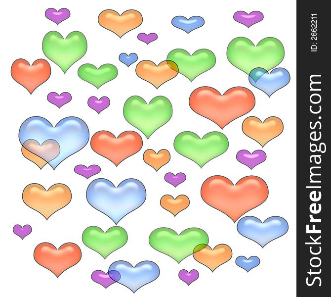 Colorful pastel opaque hearts scattered on white background. Colorful pastel opaque hearts scattered on white background