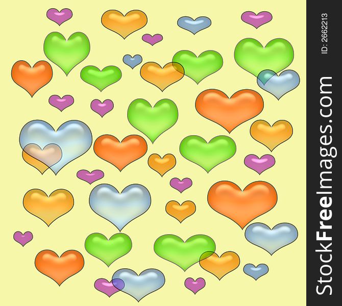 Colorful pastel opaque hearts scattered on   yellow background. Colorful pastel opaque hearts scattered on   yellow background