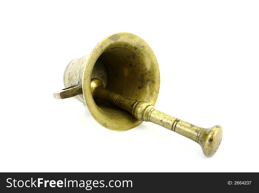 Brass mortar with pestle isolated white