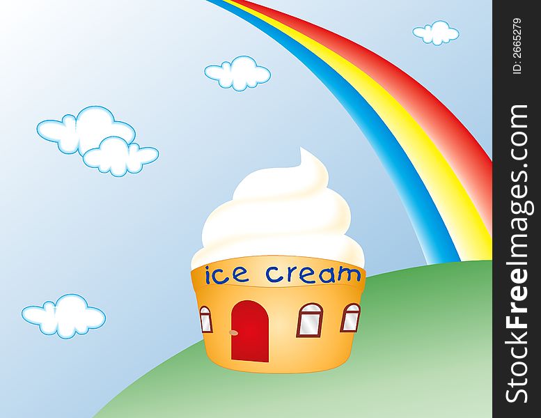 House that looks like ice cone with cream as the roof and the rainbow up in the hill as background. House that looks like ice cone with cream as the roof and the rainbow up in the hill as background.