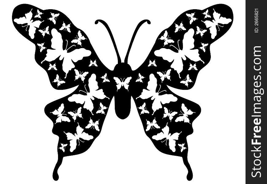 Butterflies fluttering around on a larger butterfly created in black and white on a white background. Butterflies fluttering around on a larger butterfly created in black and white on a white background.