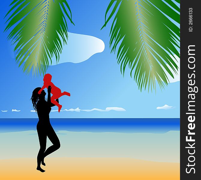 Silhouette of mother and the child on a sea beach. Vector. Silhouette of mother and the child on a sea beach. Vector.